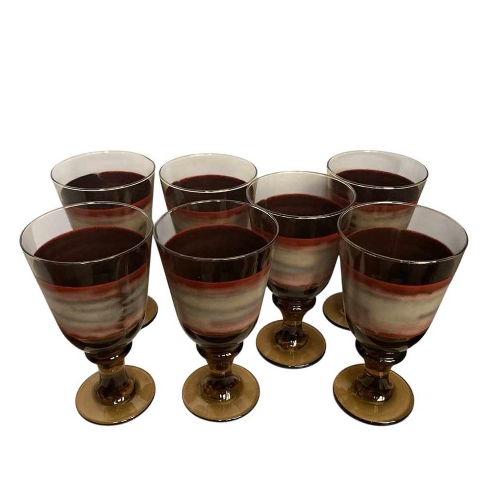 MCM Libbey Wine Water Goblet Glasses 7” Sango Nova Brown Burgundy Stem SET OF 7